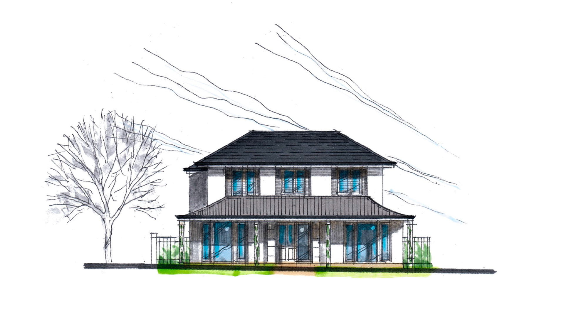 An architectural sketch of the Englehart Glen Iris residence.