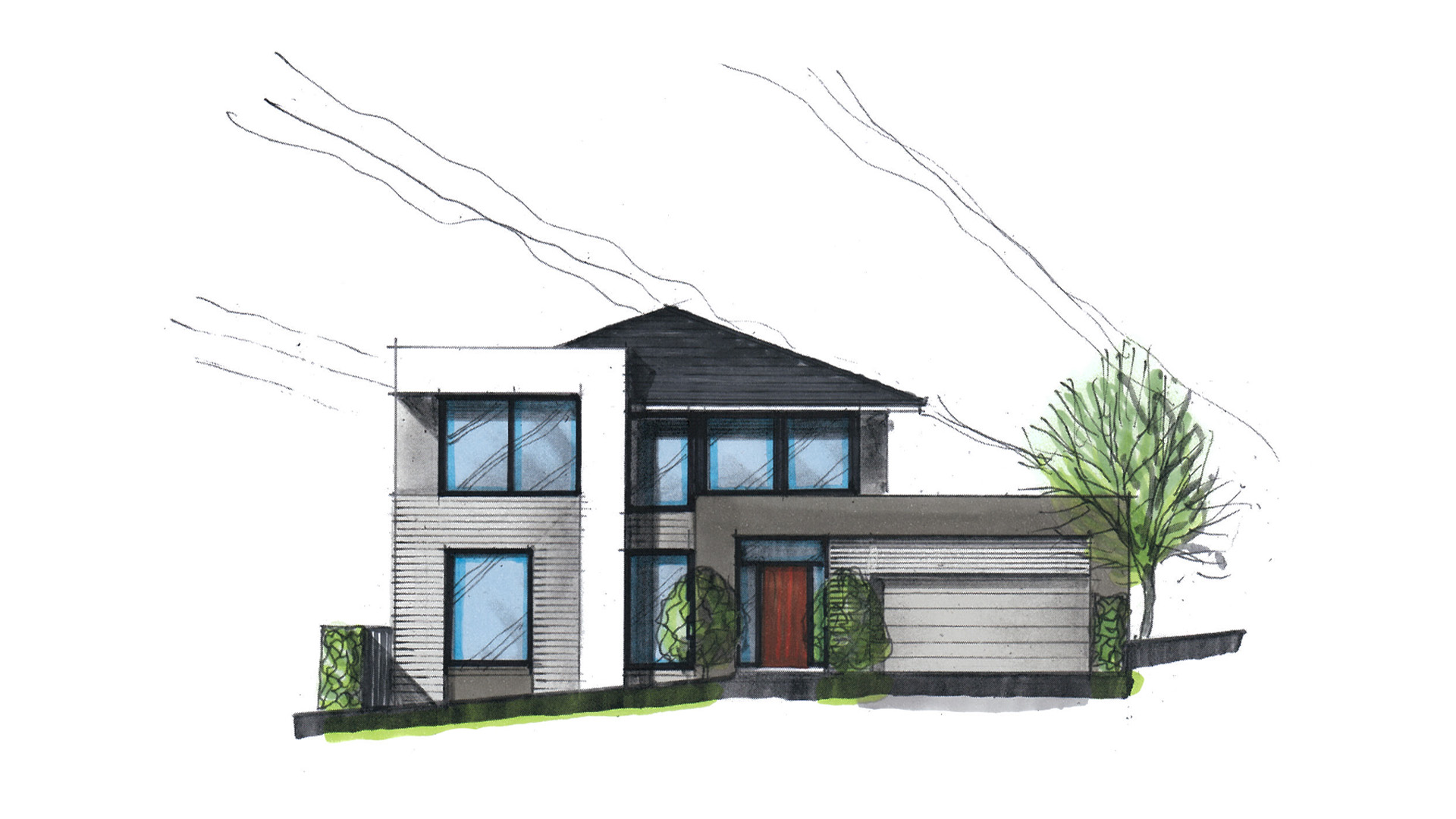 A coloured sketch of the Englehart Balwyn residence, as seen from the front.