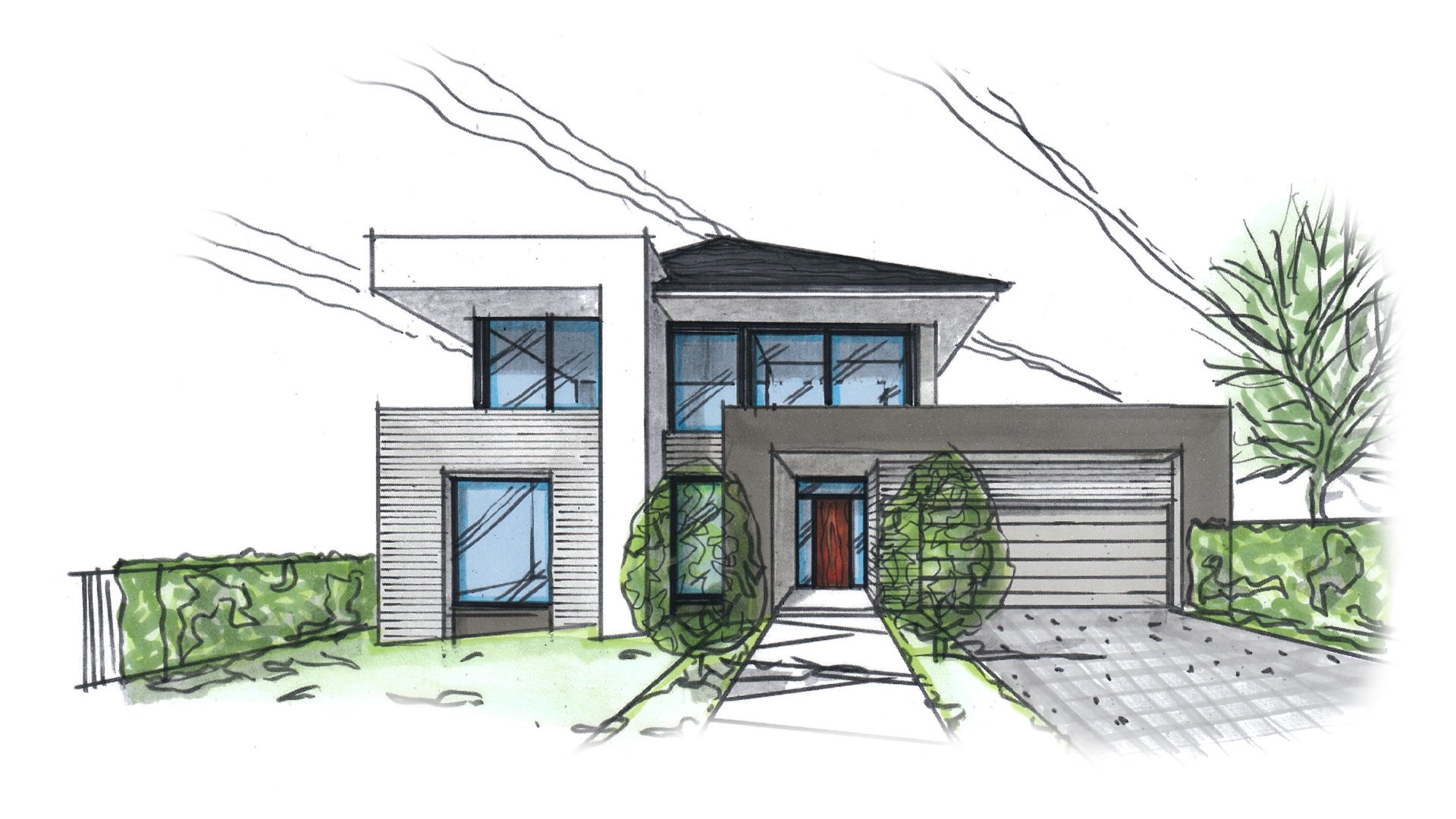 A coloured sketch of the Englehart Balwyn residence.